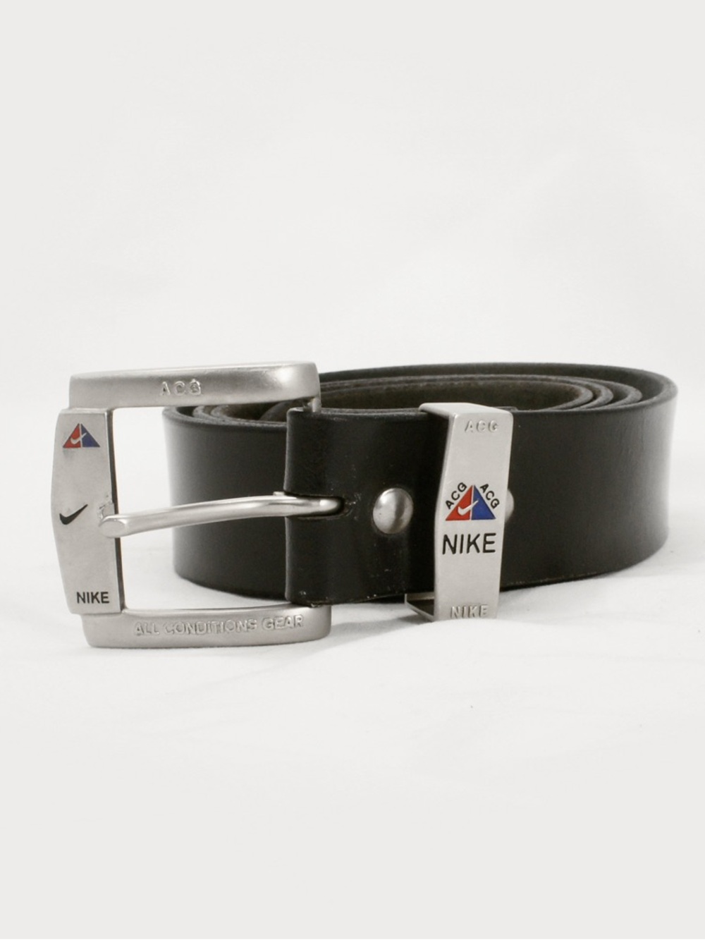 Vintage 90s Nike ACG Black Spanish Leather Silver Logo Buckle Belt
